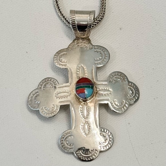 Vintage Jewelry - Vintage Sterling Silver Mexico Inlay Cross Necklace